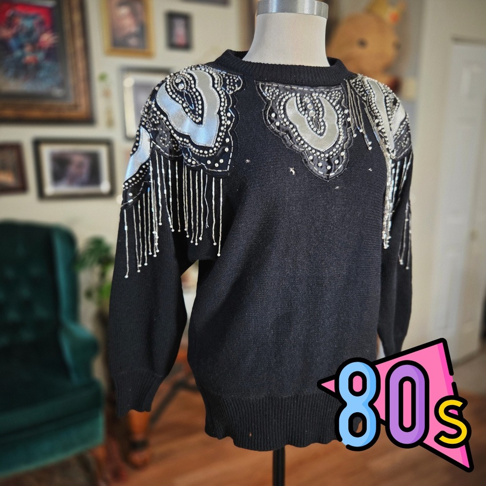 Vintage 80s Black Beaded Fringe Sweater Embellished Shoulder Sparkle Glam Size S